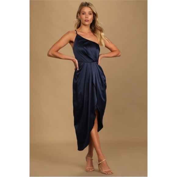Lulus Navy Blue Satin One-Shoulder Asymmetrical Midi Dress size Small NWT - Picture 3 of 16